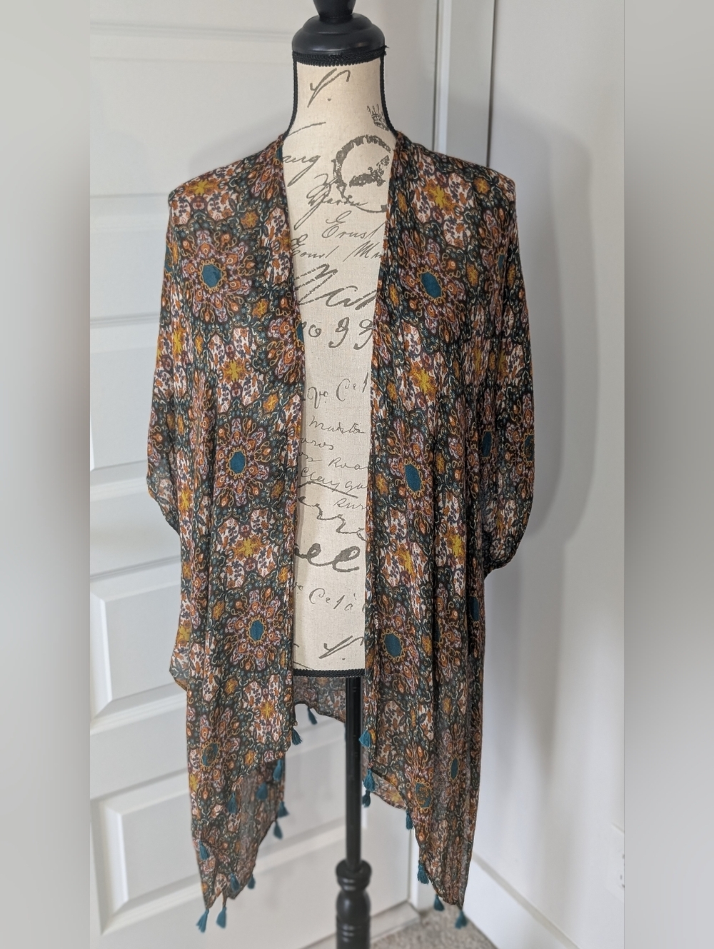 Cato Floral Paisley Kimono in Teal & Mustard O/S